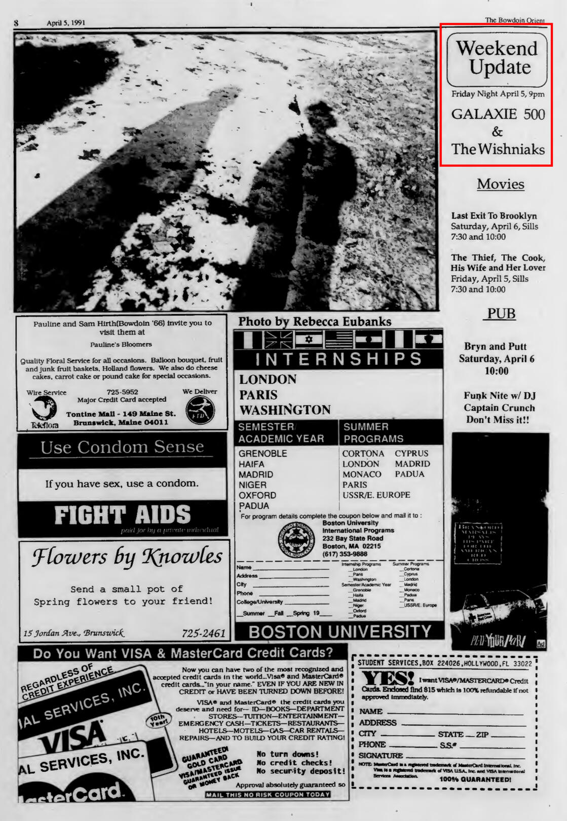 Page from the April 5, 1991 print of The Bowdoin Orient, which shows an ad for the Galaxie 500 concert on campus