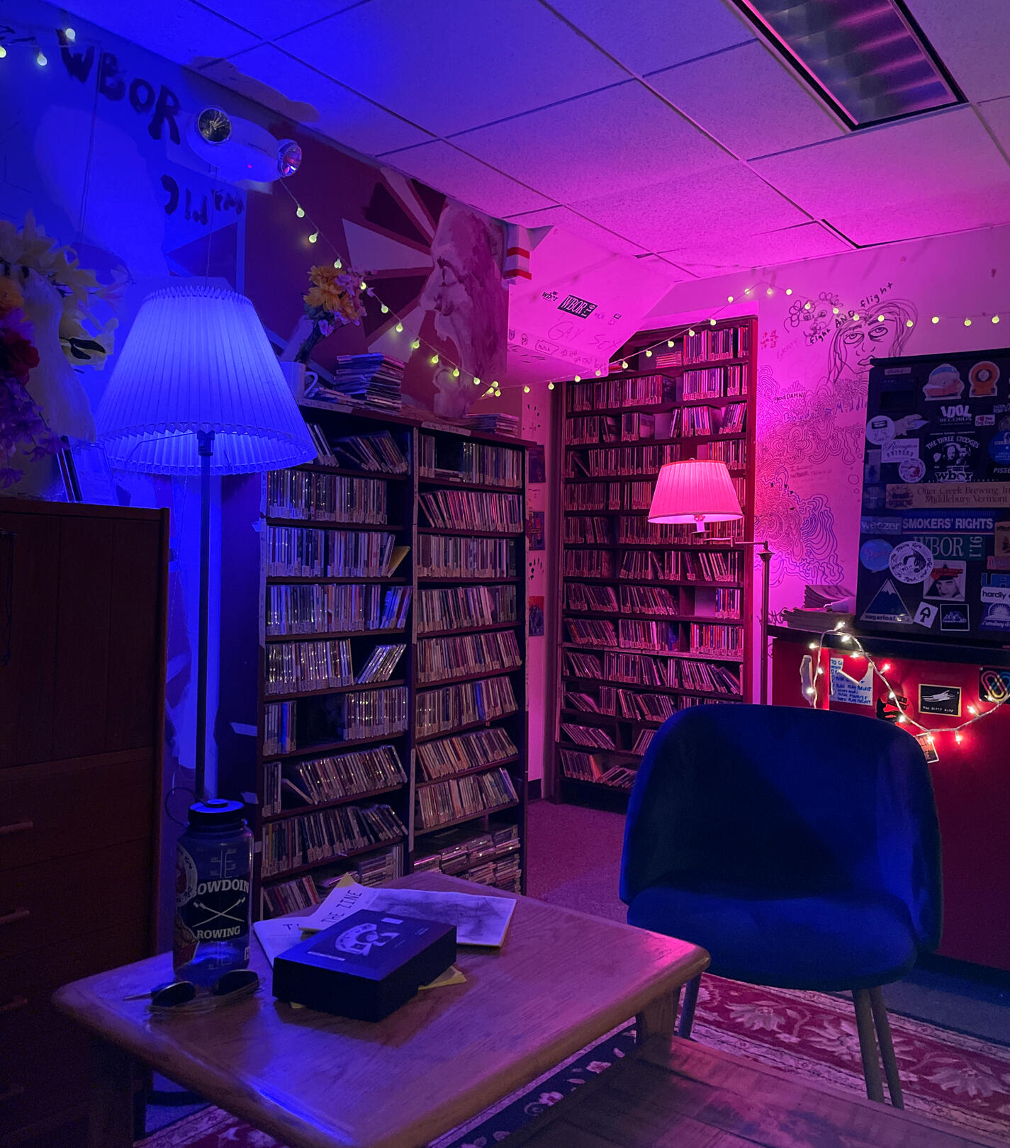 Neon lighting. WBOR station lounge