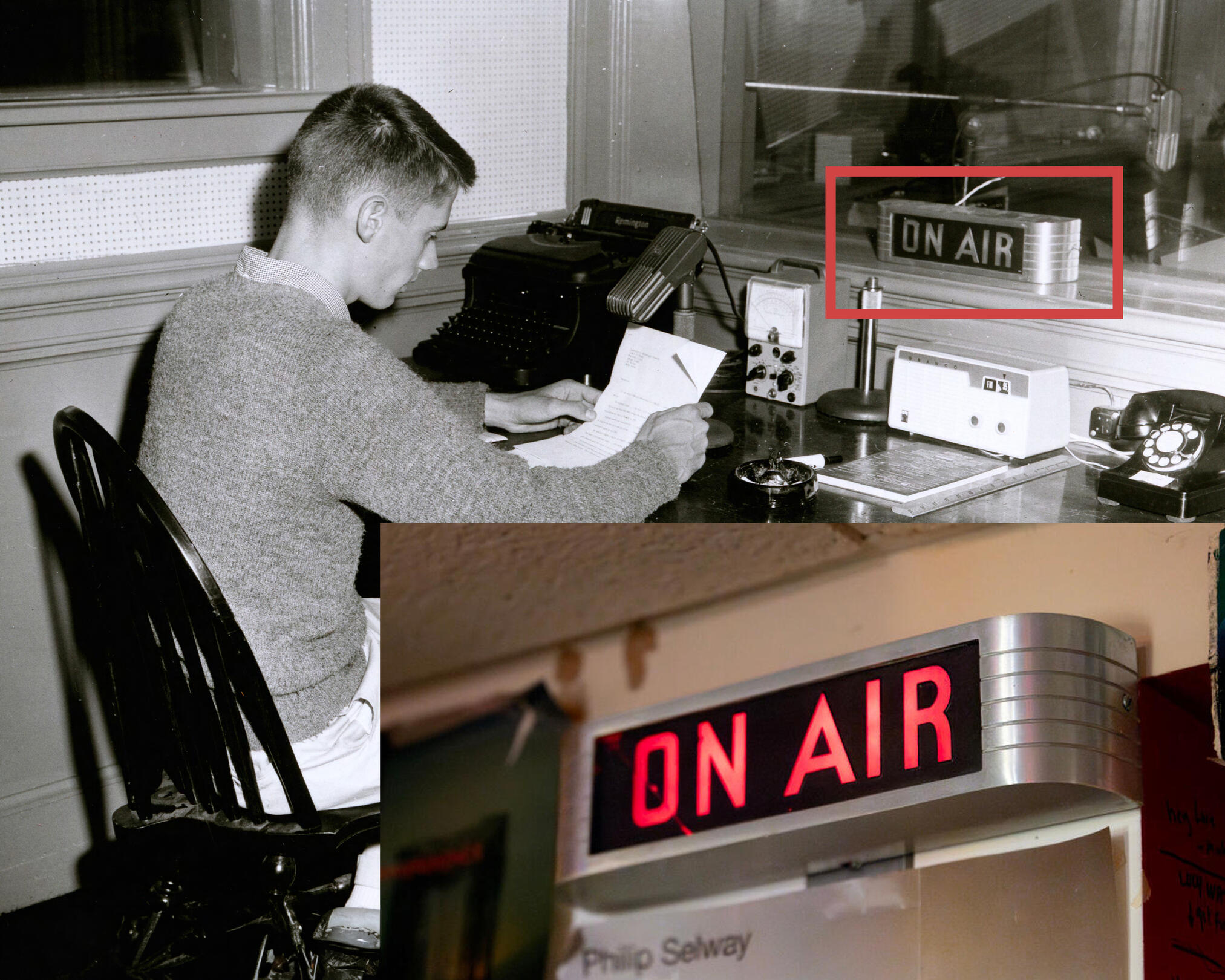 Two students in a broadcast studio laughing.