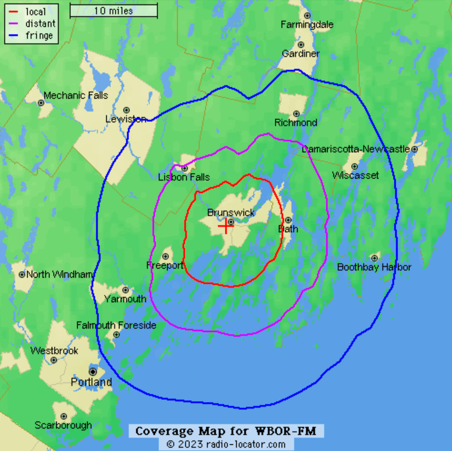 A map of WBOR's FM signal, showing local, distant, and fringe coverage distances.