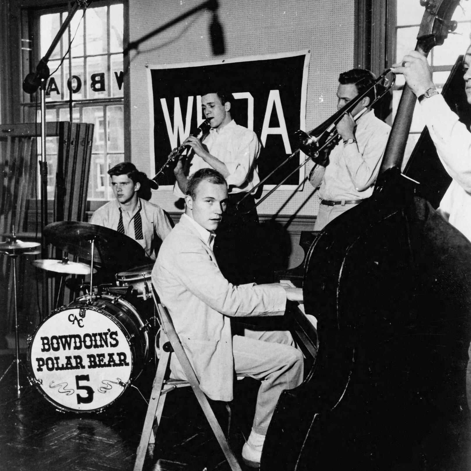 Student band members of Bowdoin's Polar Bear 5 during a performance.