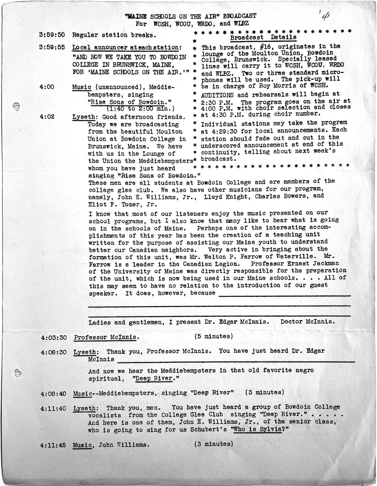 A transcript of Bowdoin's inaugural broadcast.