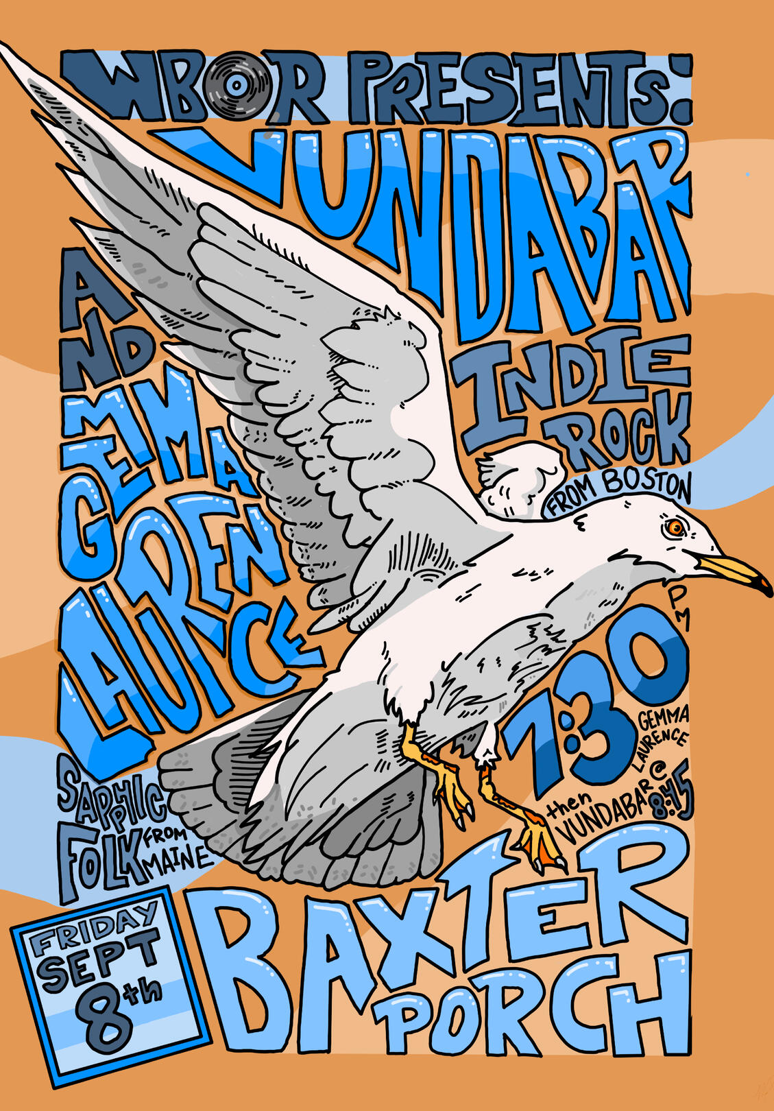 Vundabar & Gemma Laurence concert poster. September 8th. Bowdoin College Baxter House.